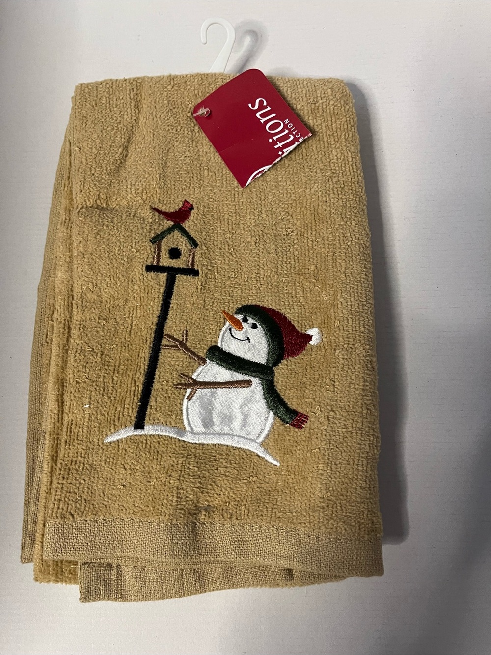 Holiday Snowman Embroidered Hand Towel - Tan